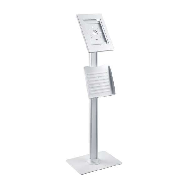 PureMounts® Tablet Standfuß mit höhenverstellbarem Prospekthalter - iPad/Samsung Galaxy - Weiß