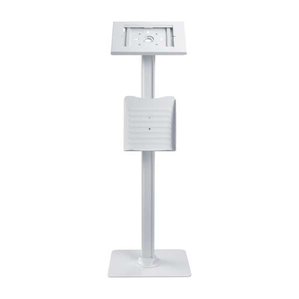 PureMounts® Tablet Standfuß mit höhenverstellbarem Prospekthalter - iPad/Samsung Galaxy - Weiß