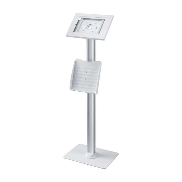 PureMounts® Tablet Standfuß mit höhenverstellbarem Prospekthalter - iPad/Samsung Galaxy - Weiß